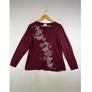 Cottagecore Gold Coast Women XL Burgundy Butterfly Floral Long Slv Graphic Tee